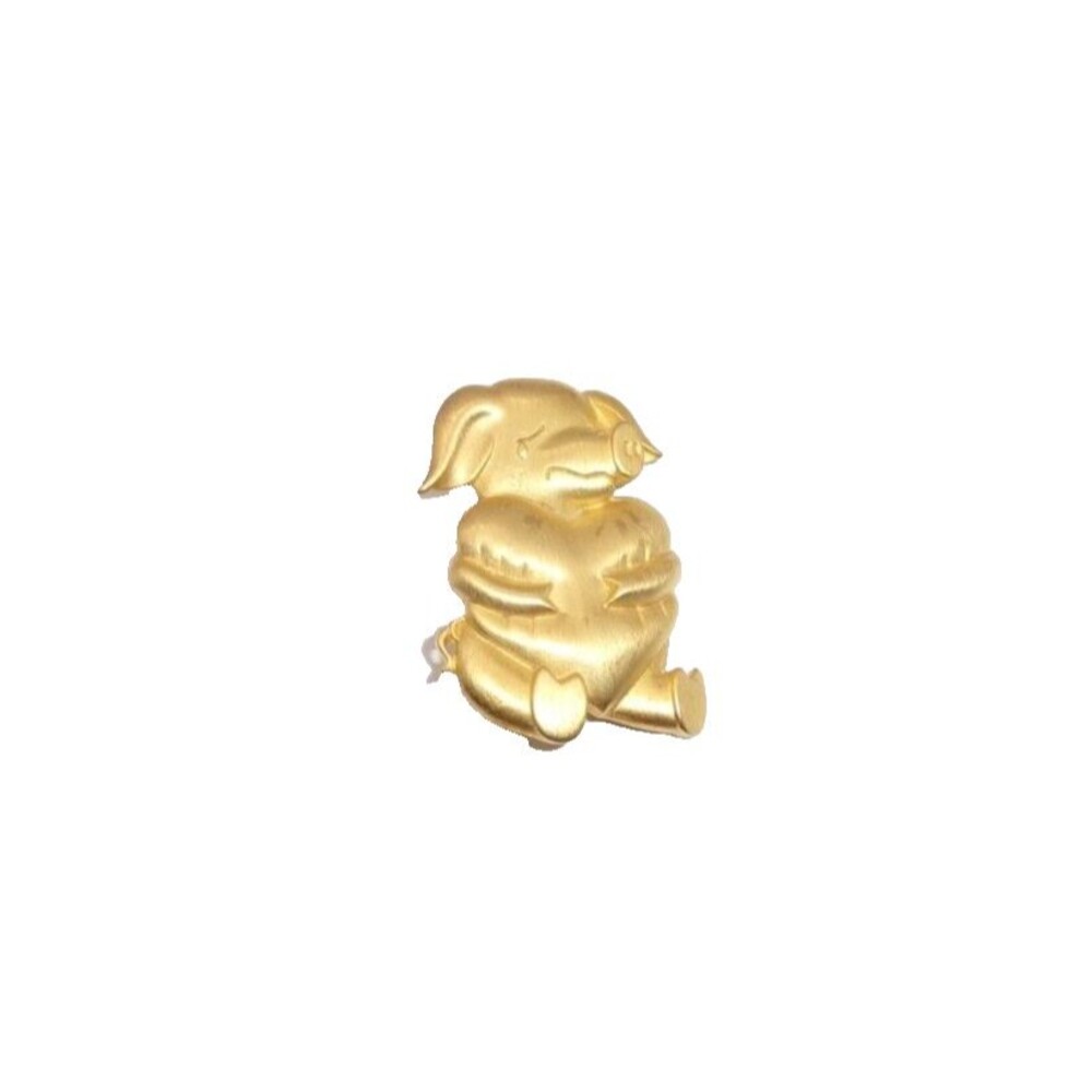 Crying Pig Holding Heart Brooch Pin Brushed Gold Tone Broken Hearted Signed JJ